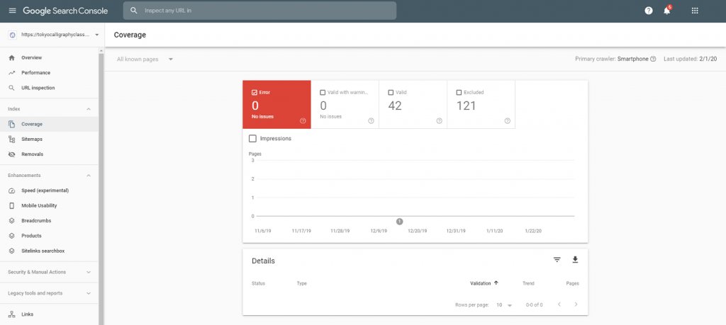 Screenshot des Coverage-Berichts in der Google Search Console