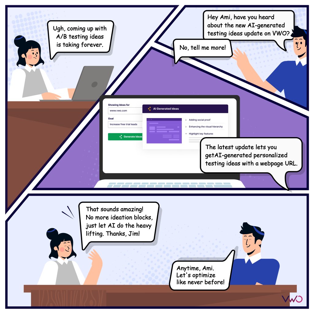 Storyboard on A/B testing ideas using AI on VWO